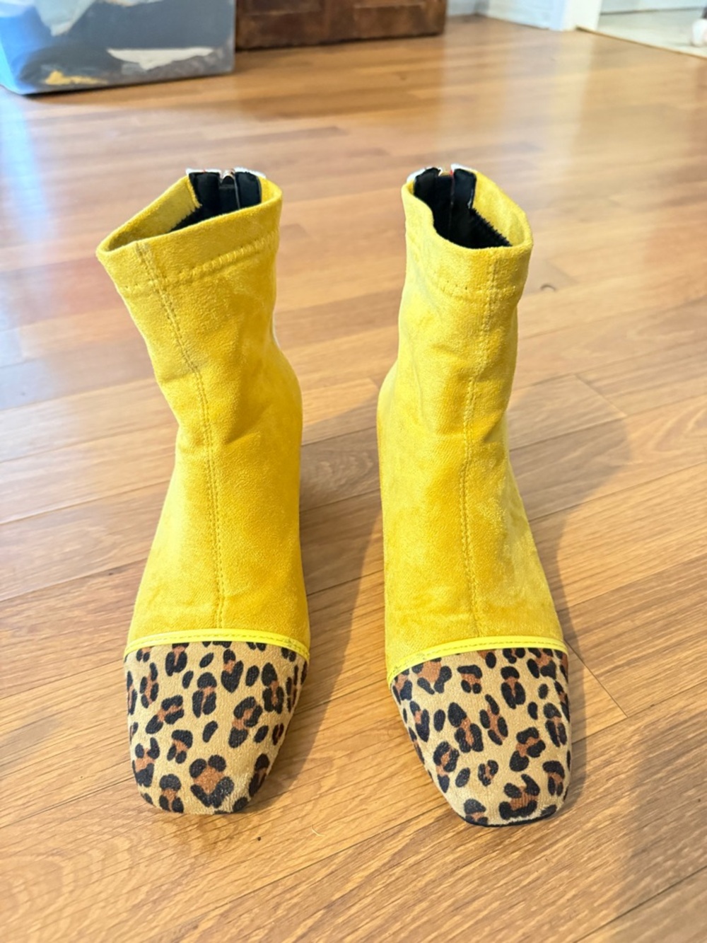 Yellow Suede Ankle Boots with Leopard Toe